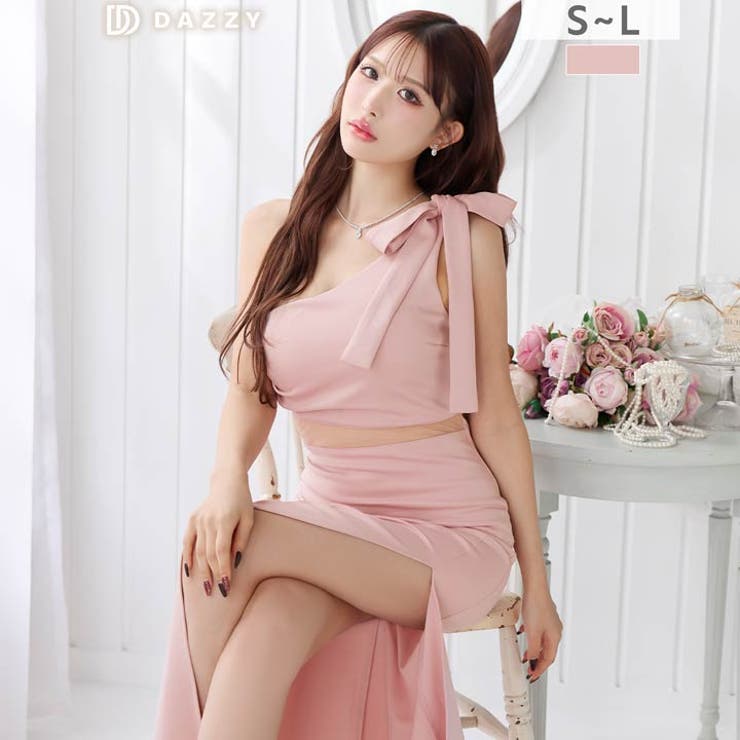 ワンショルリボンウエストシアースリット入りタイトロング丈キャバドレス[SML 3… | Dazzy | 詳細画像1 