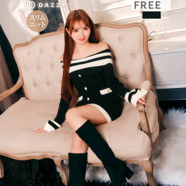 肩見せが色っぽい高級感パールボタンバイカラーリブニットミニ丈ワンピース[カジュア… | Dazzy | 詳細画像7 