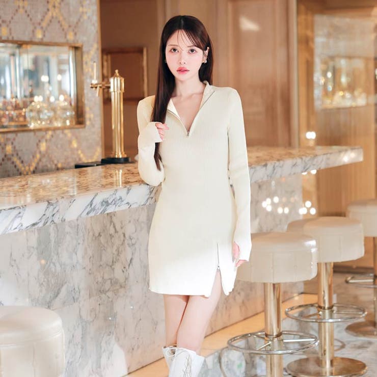 リブニットジップスリット長袖ミニワンピース | Dazzy | 詳細画像8 