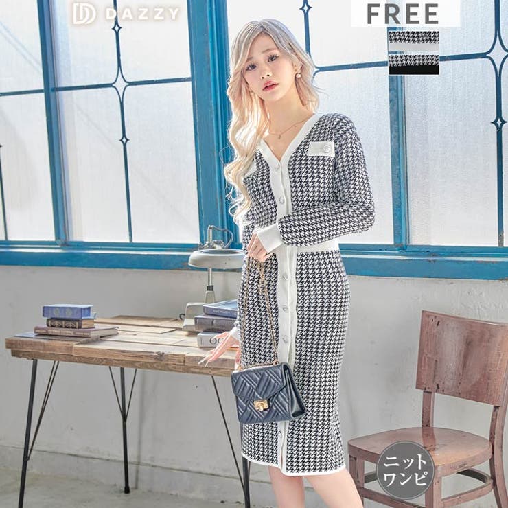 千鳥柄 Vネック フロントボタン | Dazzy | 詳細画像1 