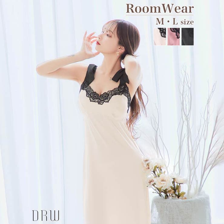サテンレースショルダーリボンワンピースルームウェア | Dazzy | 詳細画像1 