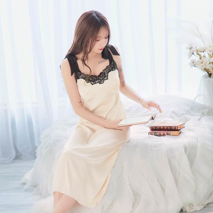 サテンレースショルダーリボンワンピースルームウェア | Dazzy | 詳細画像4 