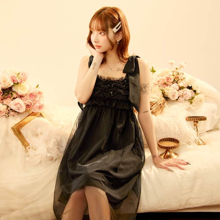 [ナイトブラ機能付きワンピース] フリルチュールリボンナイトブラワンピースルーム… | Dazzy | 詳細画像3 