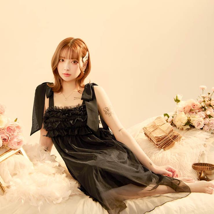 [ナイトブラ機能付きワンピース] フリルチュールリボンナイトブラワンピースルーム… | Dazzy | 詳細画像4 