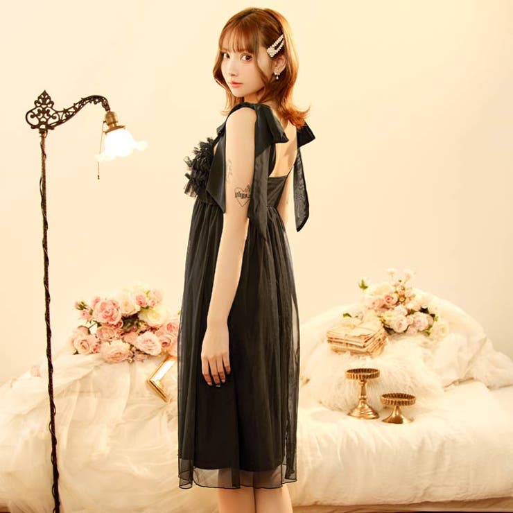 [ナイトブラ機能付きワンピース] フリルチュールリボンナイトブラワンピースルーム… | Dazzy | 詳細画像6 