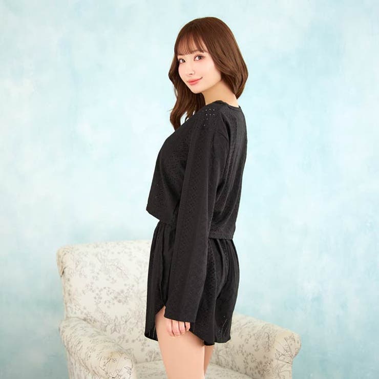 ワンカラーケーブルメッシュクロップド丈スウェットトップス&ショートパンツルームウ… | Dazzy | 詳細画像5 