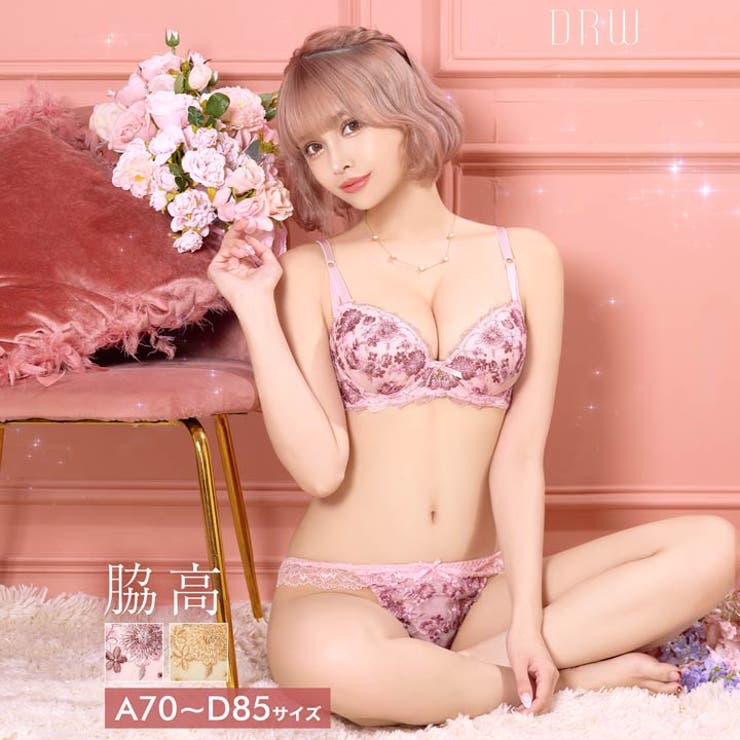 メルティピオニーエンブロイダリー脇高ブラジャー&フルバックショーツ | Dazzy | 詳細画像1 