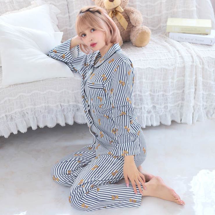 テディベアストライプ長袖トップス&ロングパンツルームウェア | Dazzy | 詳細画像3 