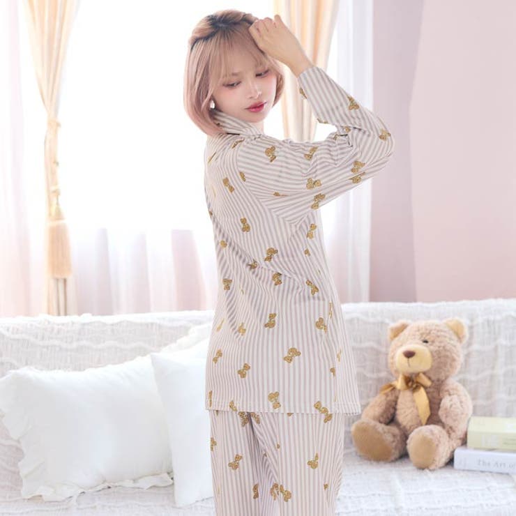 テディベアストライプ長袖トップス&ロングパンツルームウェア | Dazzy | 詳細画像4 