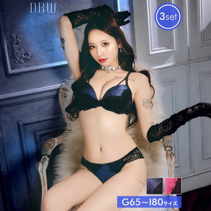 [3点セット][GHIサイズ]グロスサテンリボンレースブラジャー&バック透けフル… | Dazzy | 詳細画像1 