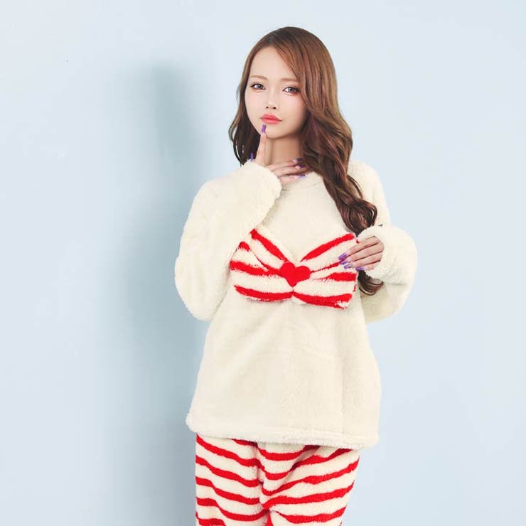 キャンディリボンボーダーもこもこトップス&ロングパンツルームウェア | Dazzy | 詳細画像3 