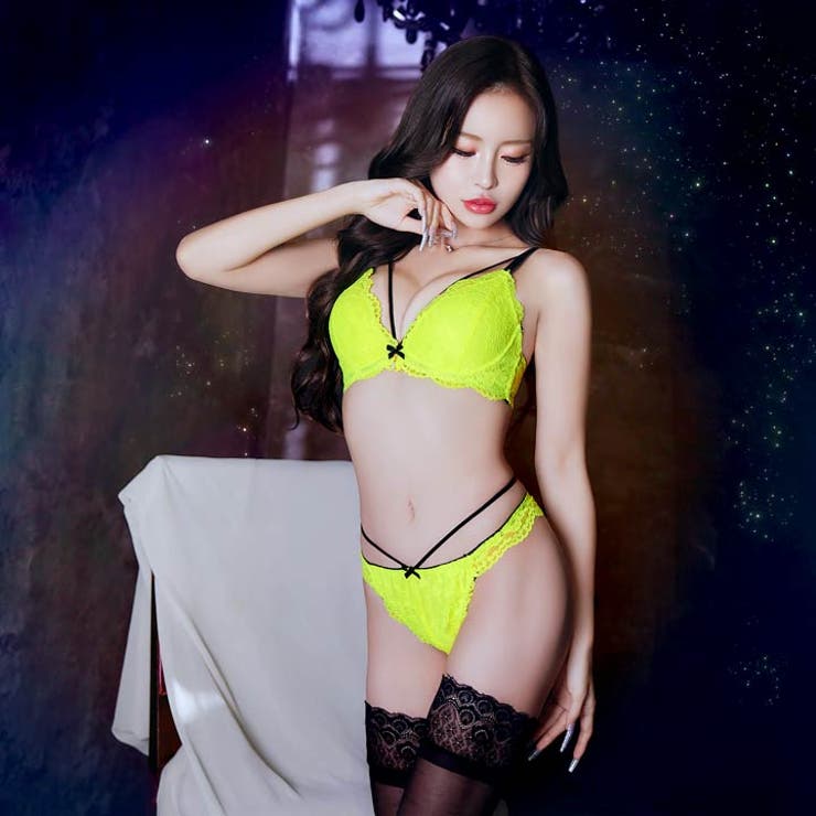 【EFサイズ】ネオンカラーレースコードブラジャー&バック透けTバックショーツ | Dazzy | 詳細画像7 