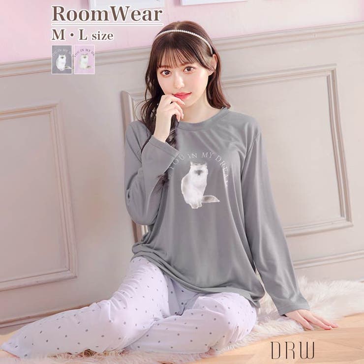 キャットモチーフ長袖トップス&ドットロングパンツルームウェア | Dazzy | 詳細画像1 