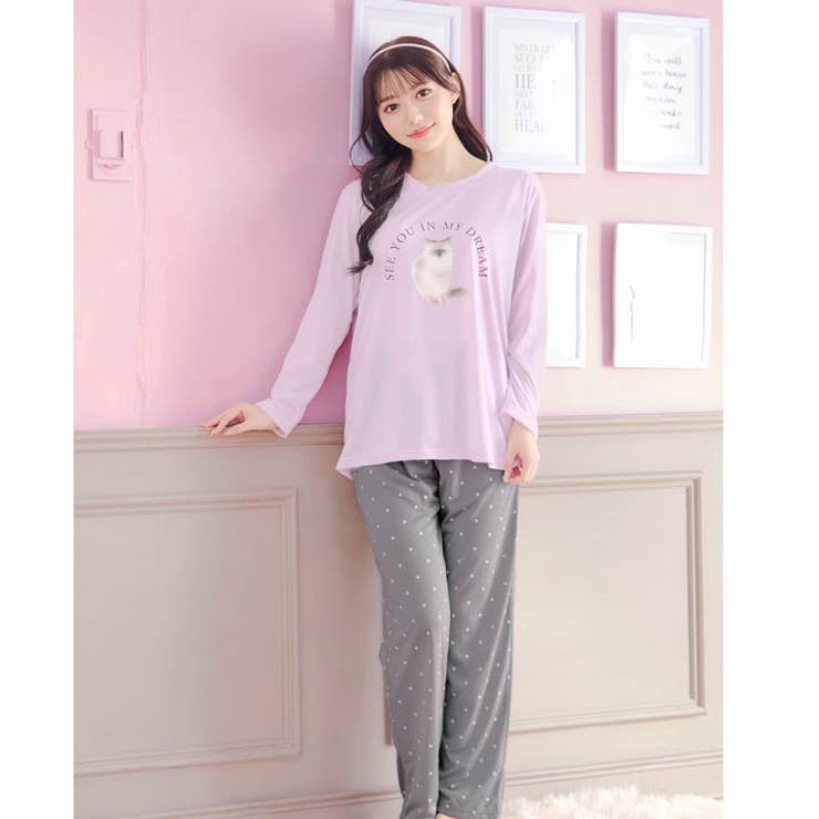 キャットモチーフ長袖トップス&ドットロングパンツルームウェア | Dazzy | 詳細画像2 