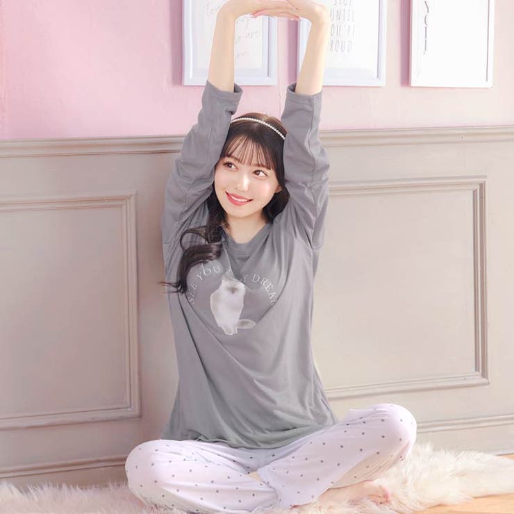 キャットモチーフ長袖トップス&ドットロングパンツルームウェア | Dazzy | 詳細画像3 