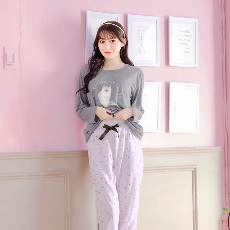 キャットモチーフ長袖トップス&ドットロングパンツルームウェア | Dazzy | 詳細画像4 