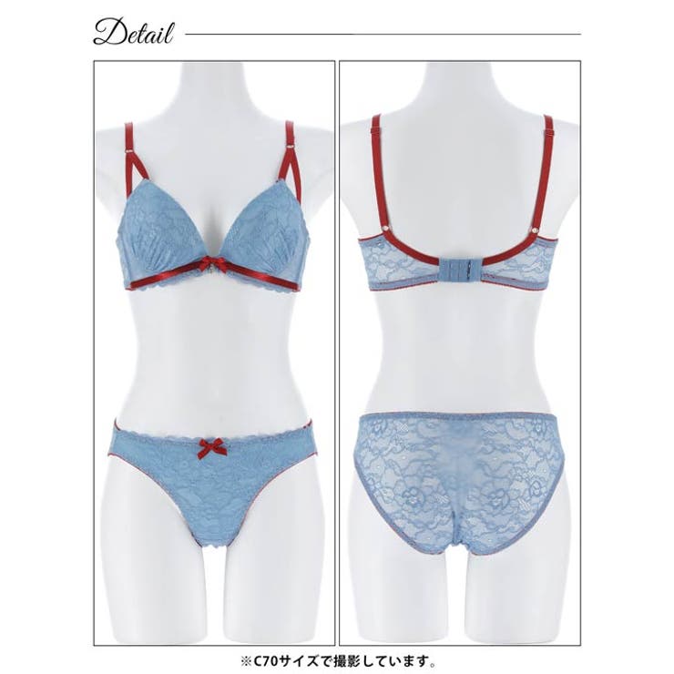 [EFサイズ]バイカラーリボンレース脇高ブラジャー&バック透けフルバックショーツ | Dazzy | 詳細画像13 