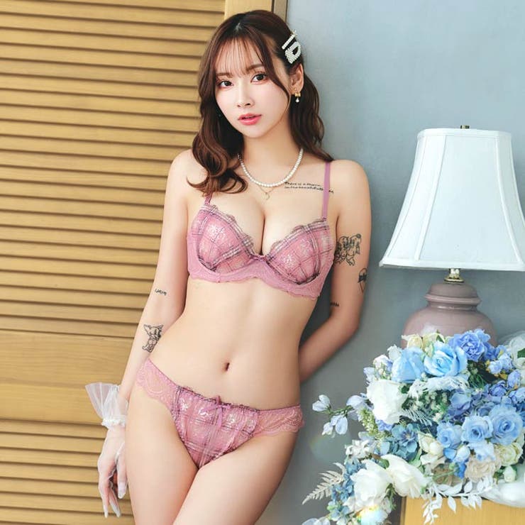 【EFサイズ】チェックフラワーチュールブラジャー&フルバックショーツ | Dazzy | 詳細画像3 