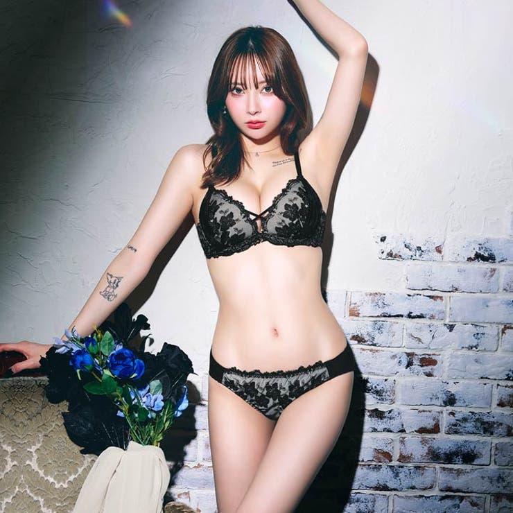 【EFサイズ】スパークルダークフラワーブラジャー&フルバックショーツ | Dazzy | 詳細画像5 