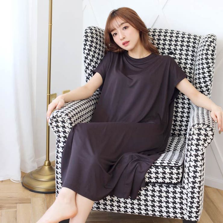 ルームウェア シンプル ワンピース フレンチスリーブ パジャマ レディース ロング 部屋着 ワンカラー