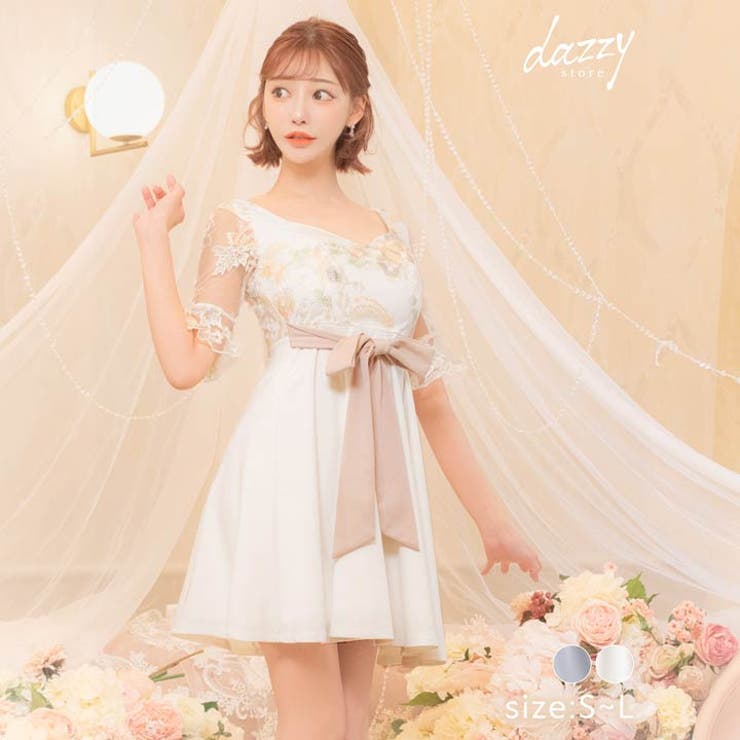 リボン付きパステルフラワーAラインミニドレスXL XXL dazzy 明日花キララ リボン付き パステル フラワー Aライン ミニ