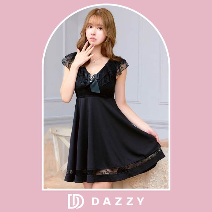 キャバ ドレスリボンブローチ付きフリルレースAラインミニドレス キャバ ドレスリボンブローチ付きフリルレースAラインミニドレス