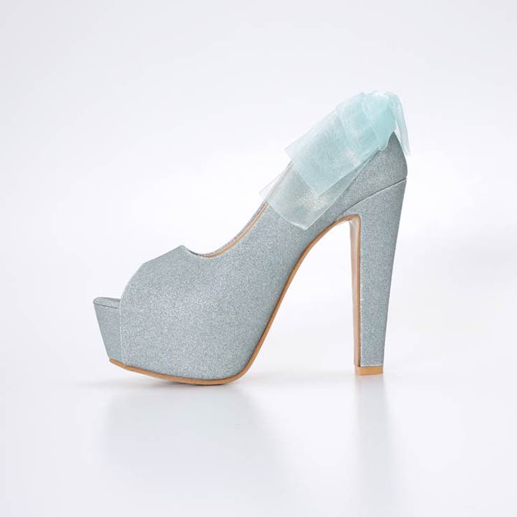 パンプス 痛くないシフォンリボングリッターオープントゥ