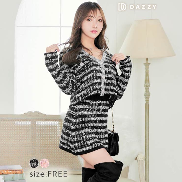 ワンピース レディース ツイード調ニットミニスカートセットアップ | Dazzy | 詳細画像2