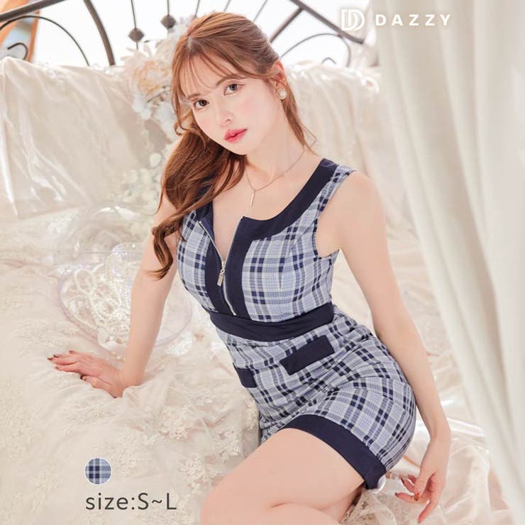 Dazzy 襟付きフロントジップデニムチェックノースリーブAラインミニ