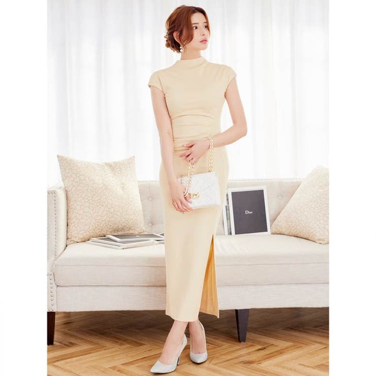 ワンピース レディースワンカラーオフネックギャザースリット膝丈ワンピース ワンピ… | Dazzy | 詳細画像2 