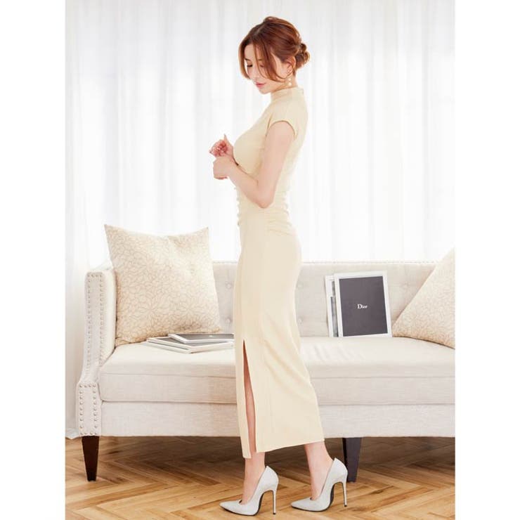 ワンピース レディースワンカラーオフネックギャザースリット膝丈ワンピース ワンピ… | Dazzy | 詳細画像4 