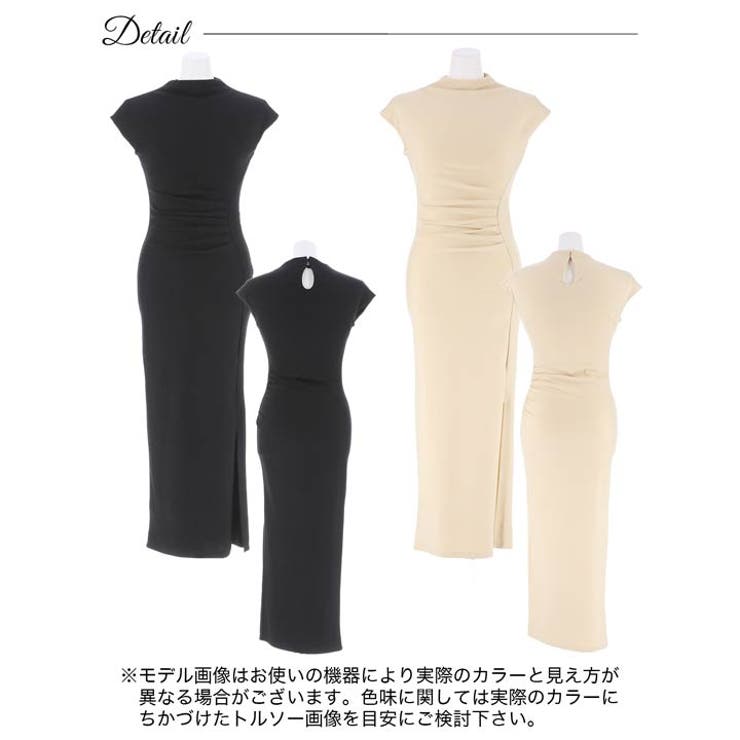 ワンピース レディースワンカラーオフネックギャザースリット膝丈ワンピース ワンピ… | Dazzy | 詳細画像9 