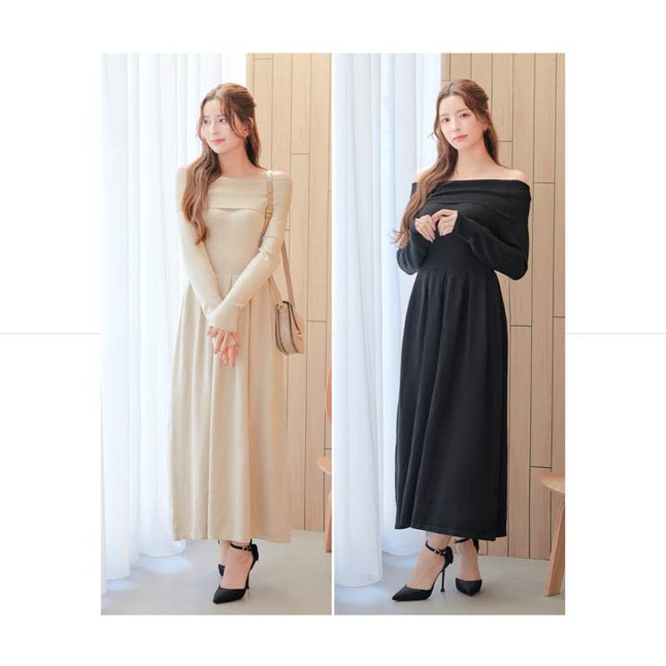 ワンピース レディースオフショルダーリブニットロング
