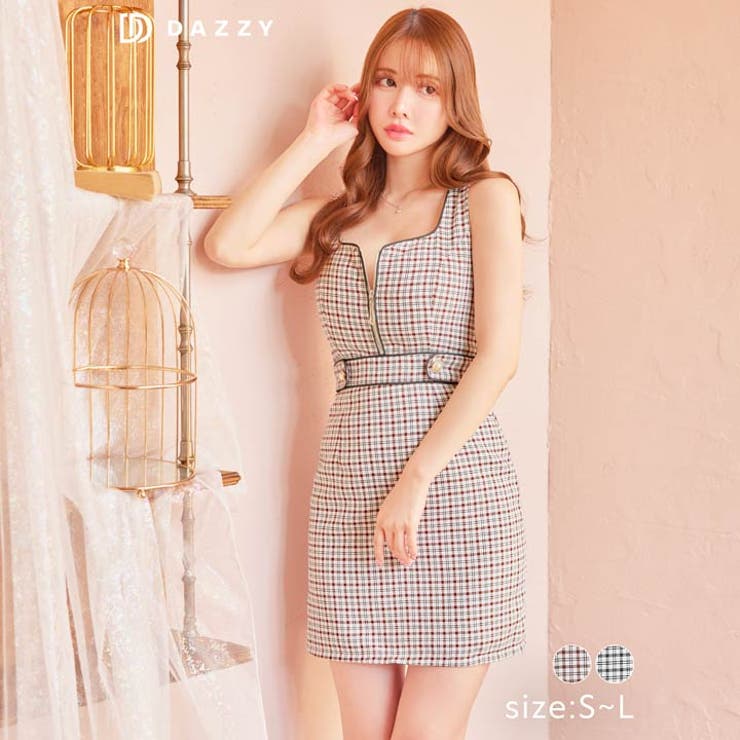 DE4608 ベージュ チェック柄 キャバドレス S XSサイズあり【DEA./ディア】ふんわり起毛/ チェック/ キャミソール