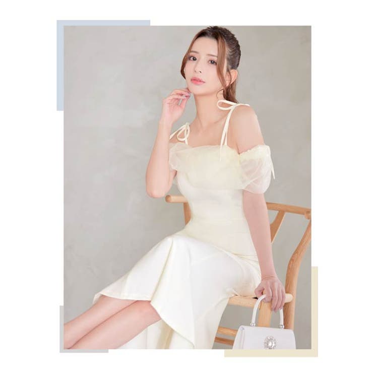 キャバ ドレスオーガンジーオフショルリボン膝丈マーメイド