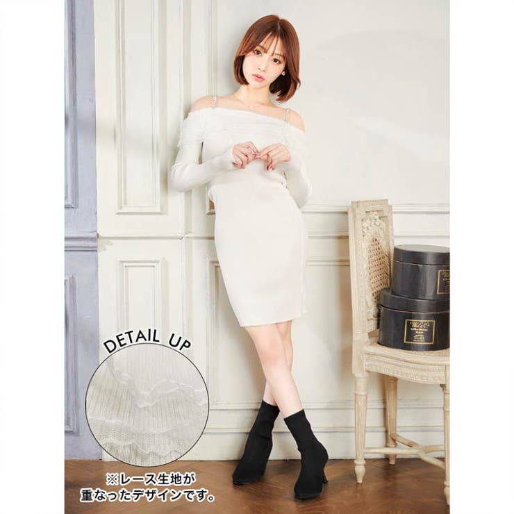 ワンピース レディースビジューストラップオフショルダーレース