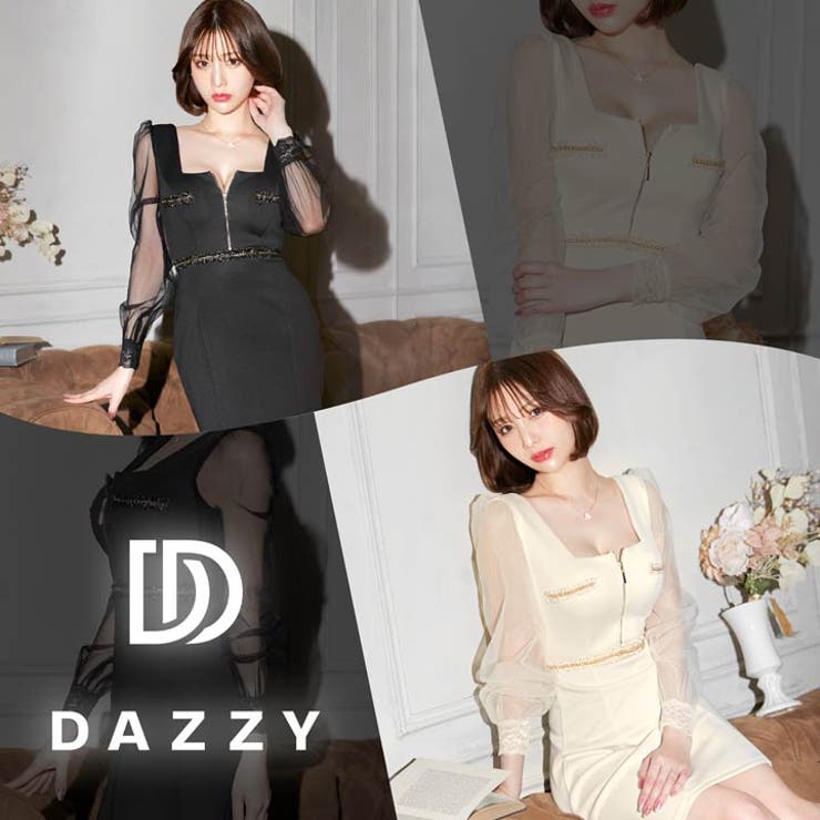 キャバ ドレスゴールドチェーンフロントジップ長袖レースタイトミニドレス ドレス | Dazzy | 詳細画像12 