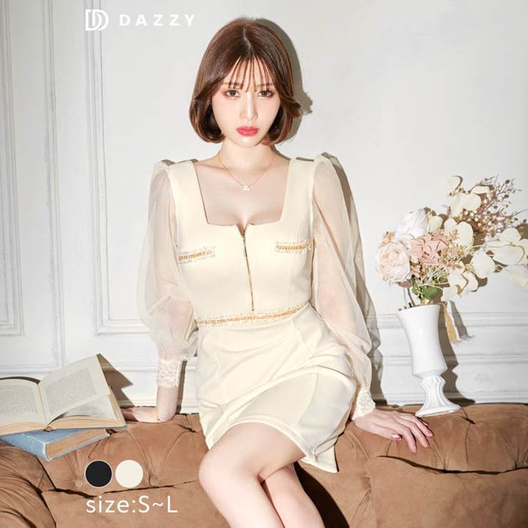 キャバ ドレスゴールドチェーンフロントジップ長袖レースタイトミニドレス ドレス | Dazzy | 詳細画像7 