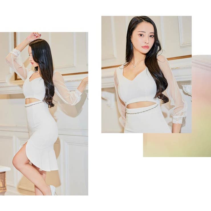 キャバ ドレスウエストカットビジューチェーン長袖マーメイド膝丈ドレス キャバ | Dazzy | 詳細画像13 