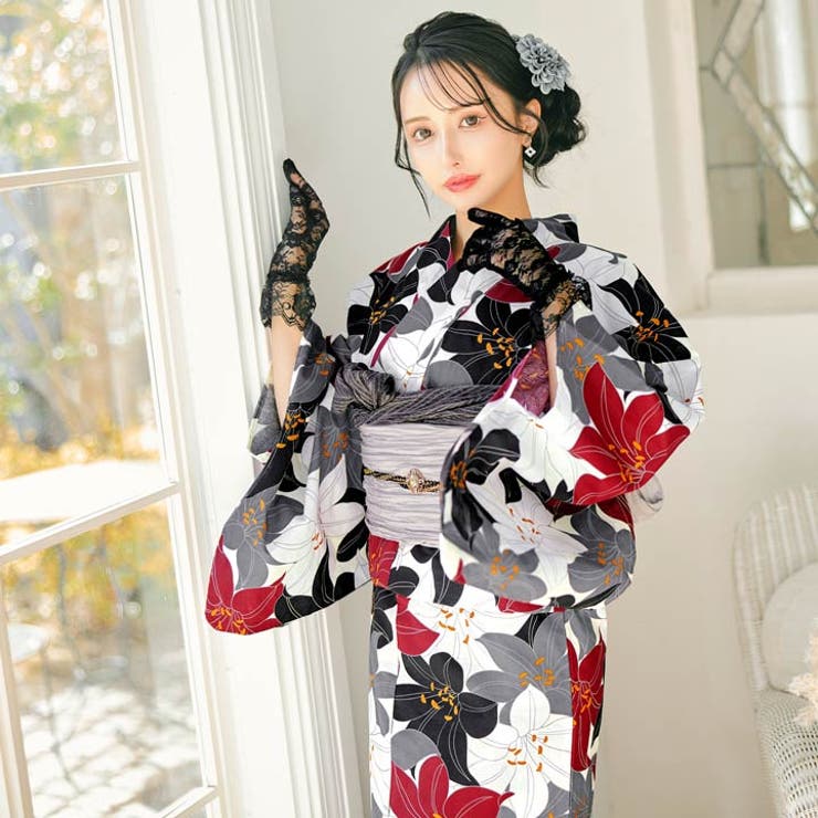 【新品】浴衣 モダン モダン縦縞×青百合柄浴衣[品番：DY000032347]｜Dazzy（デイジー