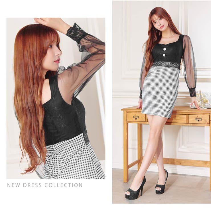 キャバドレスギンガムチェックレース パールボタン チュール長袖 | Dazzy | 詳細画像13 