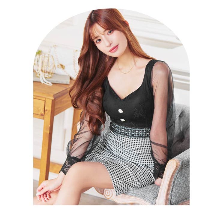 キャバドレスギンガムチェックレース パールボタン チュール長袖 | Dazzy | 詳細画像14 