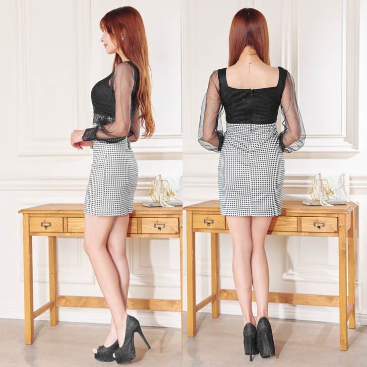 キャバドレスギンガムチェックレース パールボタン チュール長袖 | Dazzy | 詳細画像8 