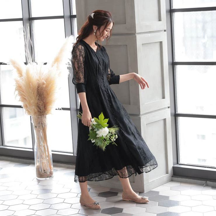 ドレス 結婚式 パーティードレスウエストタック レースドレス[品番 