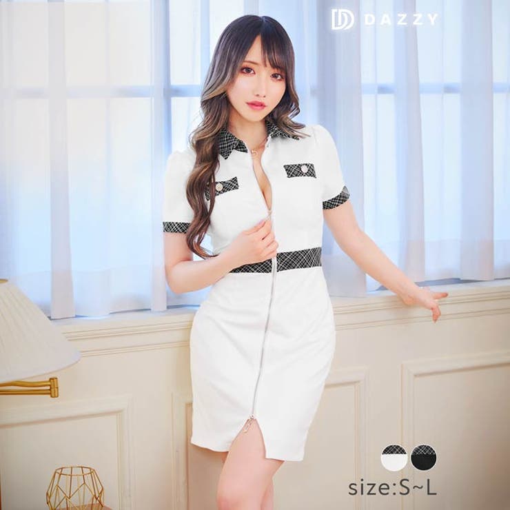 パイピングツイードフロントファスナー半袖タイトドレス dazzy