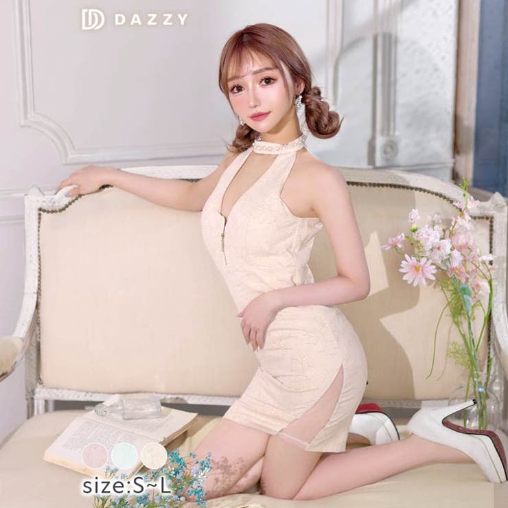 キャバドレス フラワー刺繡 アメスリ フロントジップ タイト ミニドレス | Dazzy | 詳細画像9 