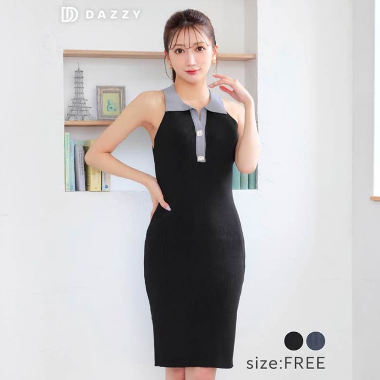 ワンピースバイカラー 襟付き アメスリ 膝丈 ニットワンピース | Dazzy | 詳細画像5 