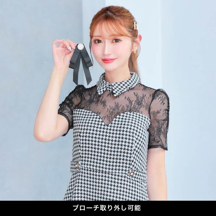 デイジーストア キャバドレスブローチ付き 千鳥格子柄[品番 デイジーストア キャバドレスブローチ付き 千鳥格子柄[品番