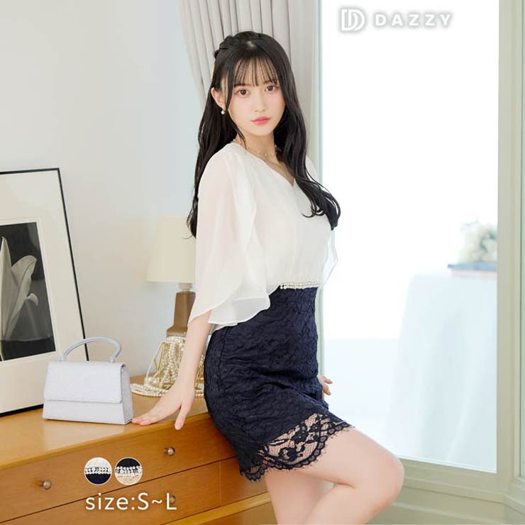 SMLサイズ]パールシフォンレースドッキングスリット袖タイトミニドレス[品番：DY000030919]｜Dazzy （デイジー）のレディースファッション通販｜SHOPLIST（ショップリスト）