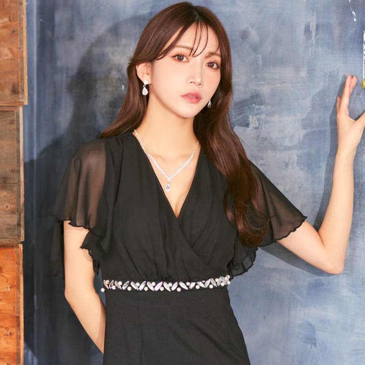 キャバドレスシフォン カシュクール ウエストビジュー[品番